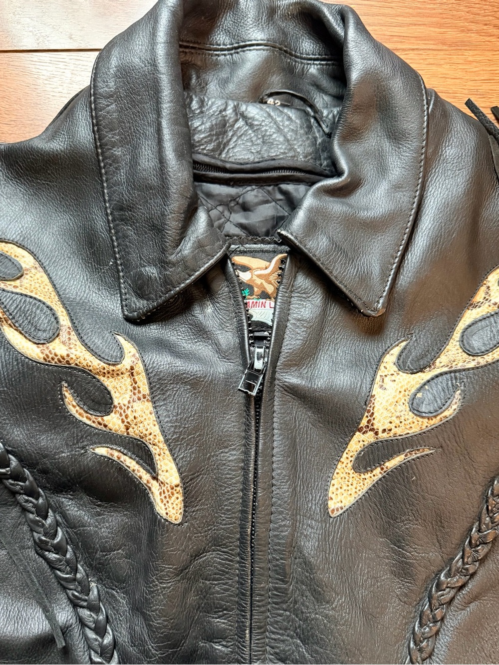 Men's Black Leather Fringe Jacket with Snake Flame Accents - Picture 11 of 13